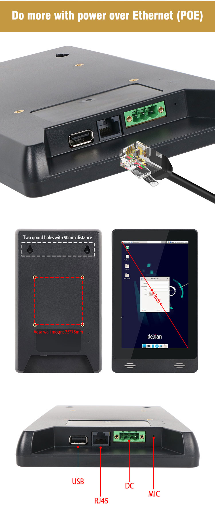 YC-83P 8 inch Linux Debian Wall Mounted Touch Screen Tablet2