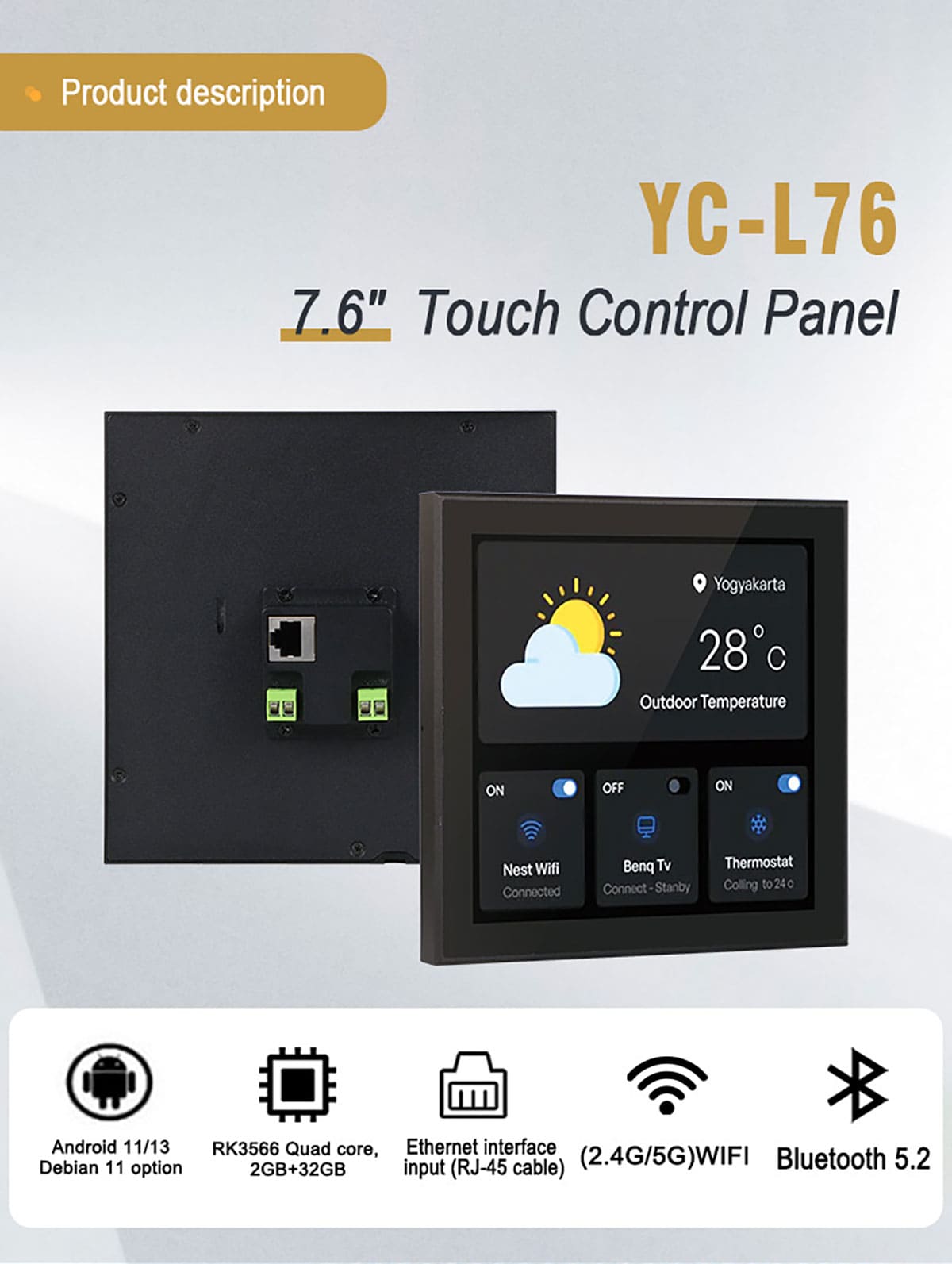 YC-L76(Black) 7.6″ Smart Home Automation Touch Control Panel