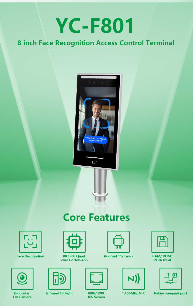 YC-F801 8 inch Face Recognition Access Control Terminal